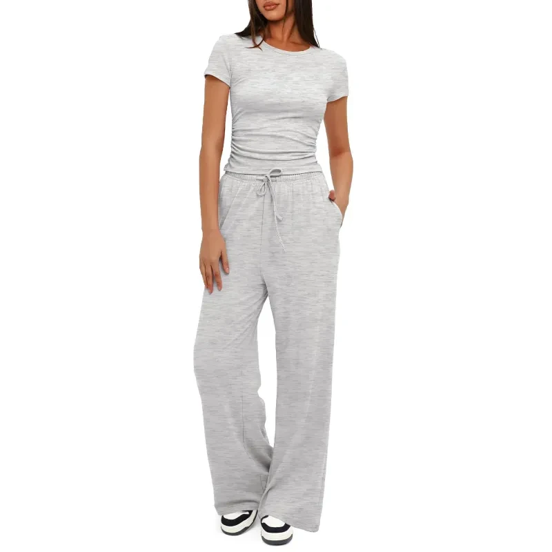 Conjunto de yoga de color liso: camiseta de manga corta y pantalones anchos de cintura alta