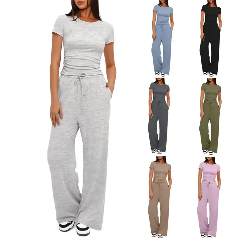 Conjunto de yoga de color liso: camiseta de manga corta y pantalones anchos de cintura alta