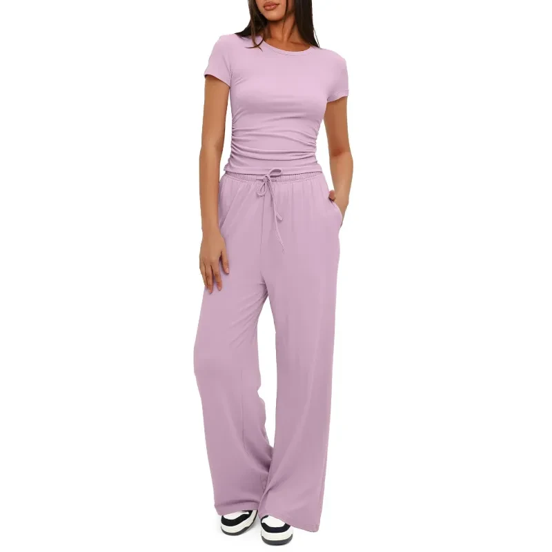 Conjunto de yoga de color liso: camiseta de manga corta y pantalones anchos de cintura alta