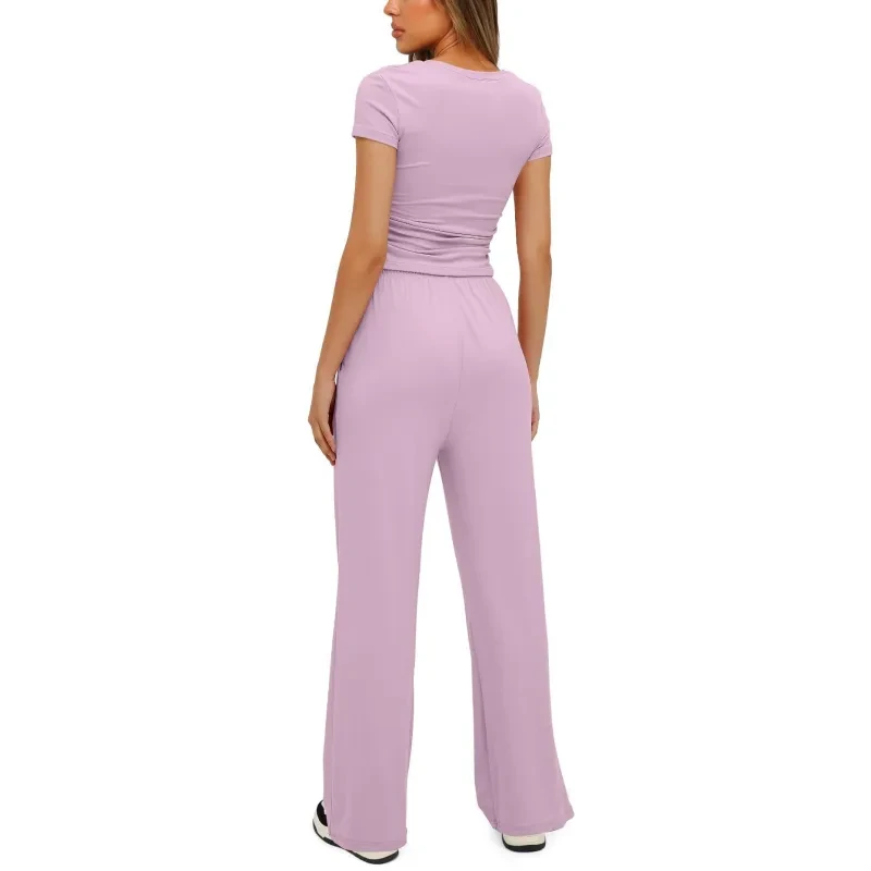 Conjunto de yoga de color liso: camiseta de manga corta y pantalones anchos de cintura alta