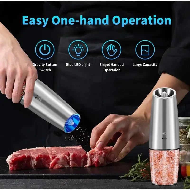 Molinillo de sal y pimienta recargable por USB - Molinillo eléctrico con grosor ajustable y luz LED