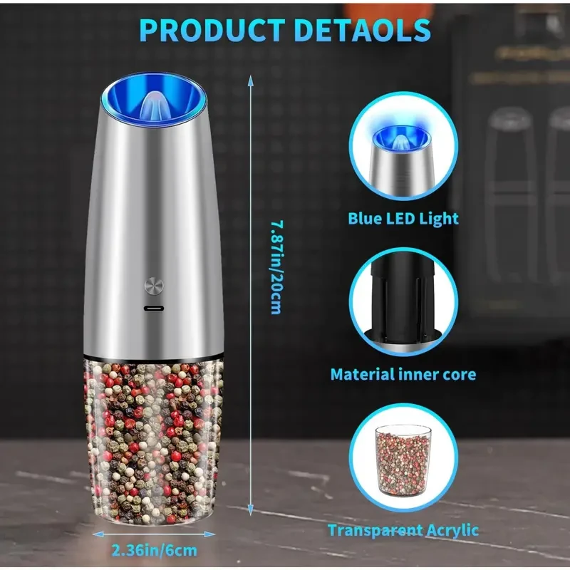 Molinillo de sal y pimienta recargable por USB - Molinillo eléctrico con grosor ajustable y luz LED