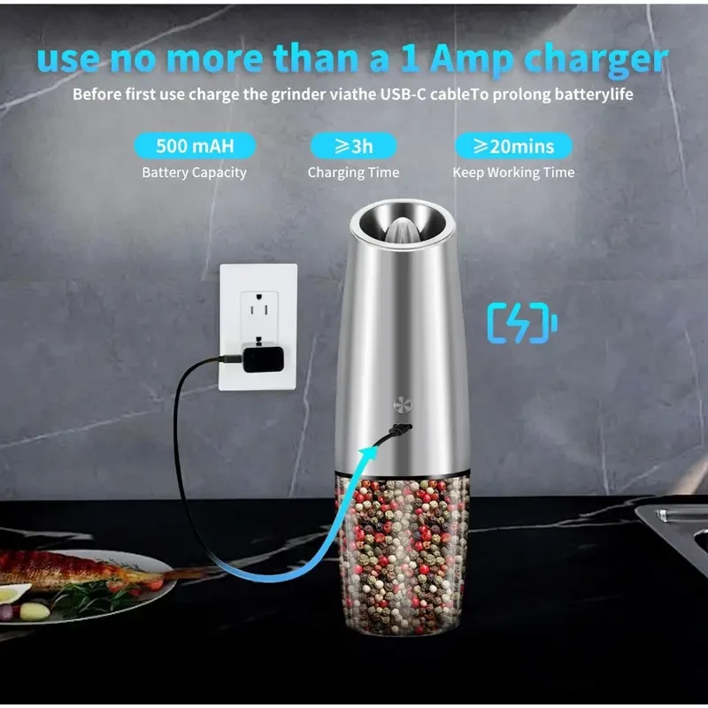 Molinillo de sal y pimienta recargable por USB - Molinillo eléctrico con grosor ajustable y luz LED