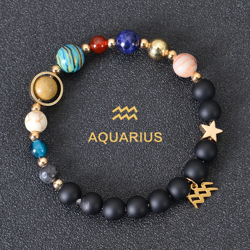 Pulsera de cuentas de piedra natural del zodíaco Piscis con detalles dorados