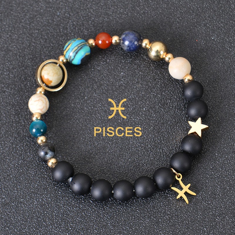 Pulsera de cuentas de piedra natural del zodíaco Piscis con detalles dorados