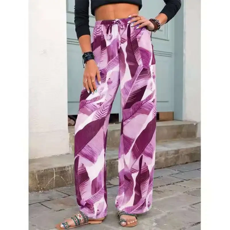 Pantalones de playa con cordón y estampado de hojas