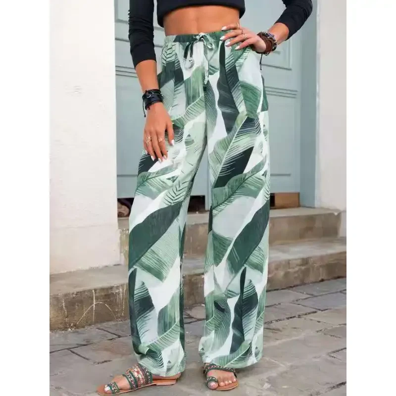 Pantalones de playa con cordón y estampado de hojas