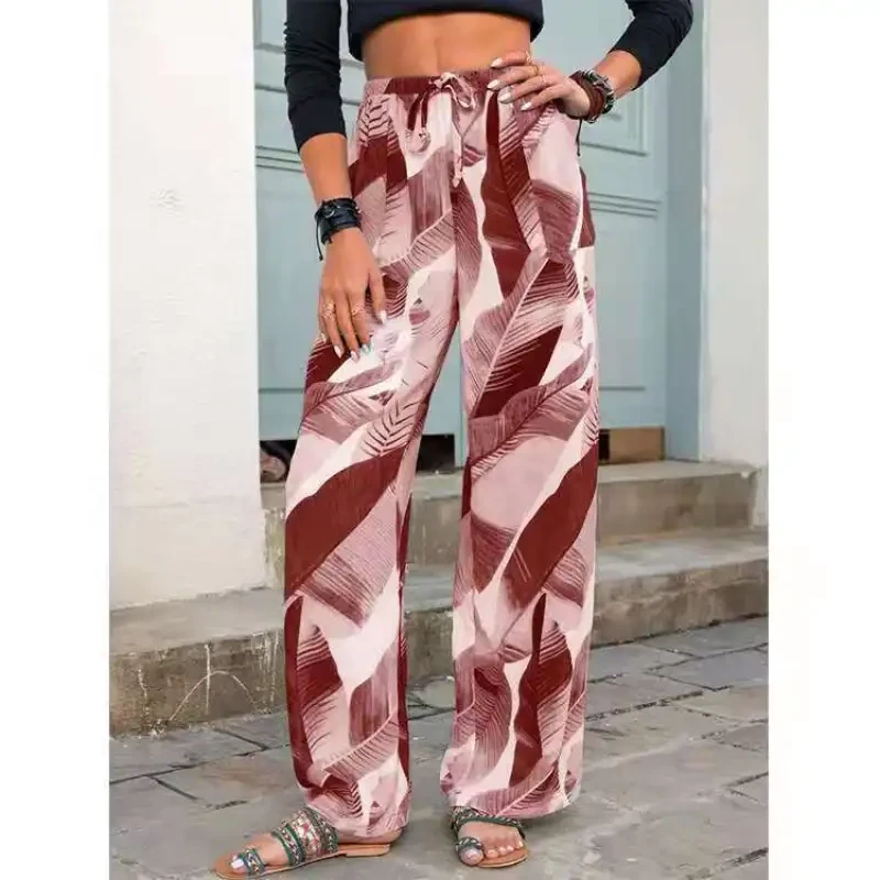 Pantalones de playa con cordón y estampado de hojas