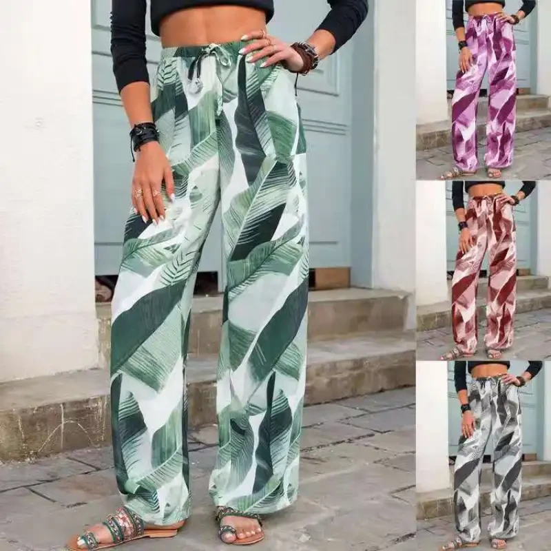 Pantalones de playa con cordón y estampado de hojas