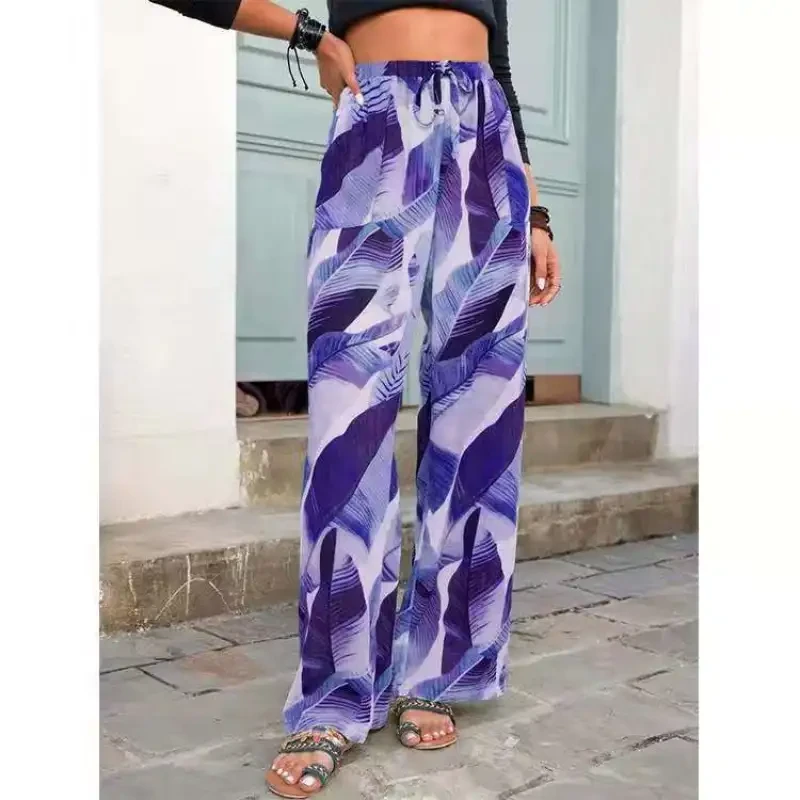Pantalones de playa con cordón y estampado de hojas
