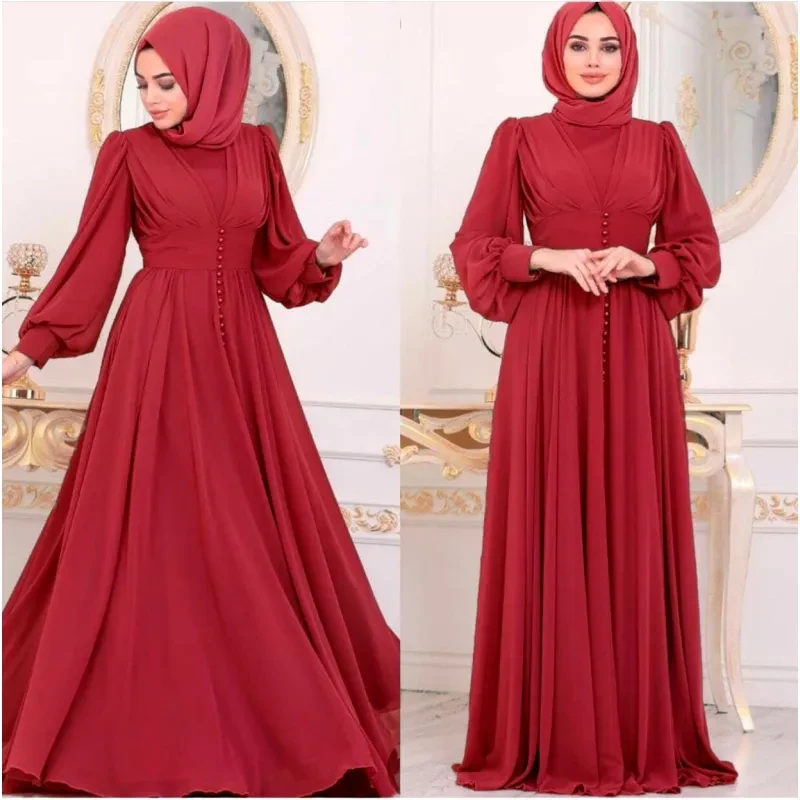 Vestido musulmán de gasa de manga larga para mujer