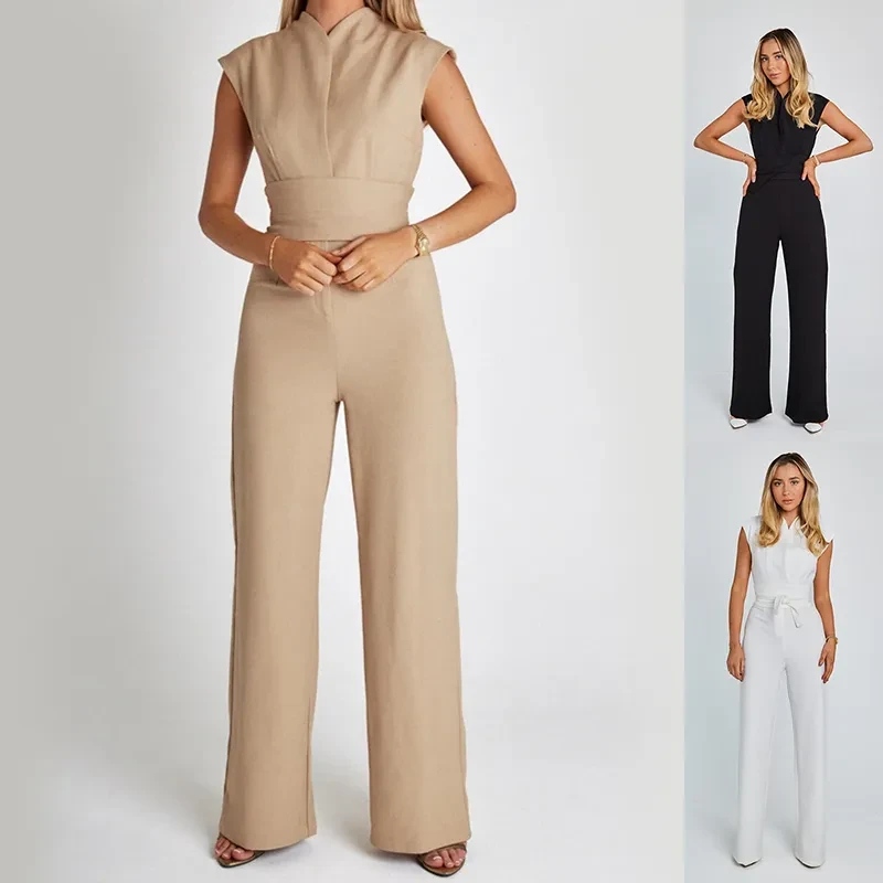 Mono elegante de pierna ancha sin mangas con cuello en V para mujer