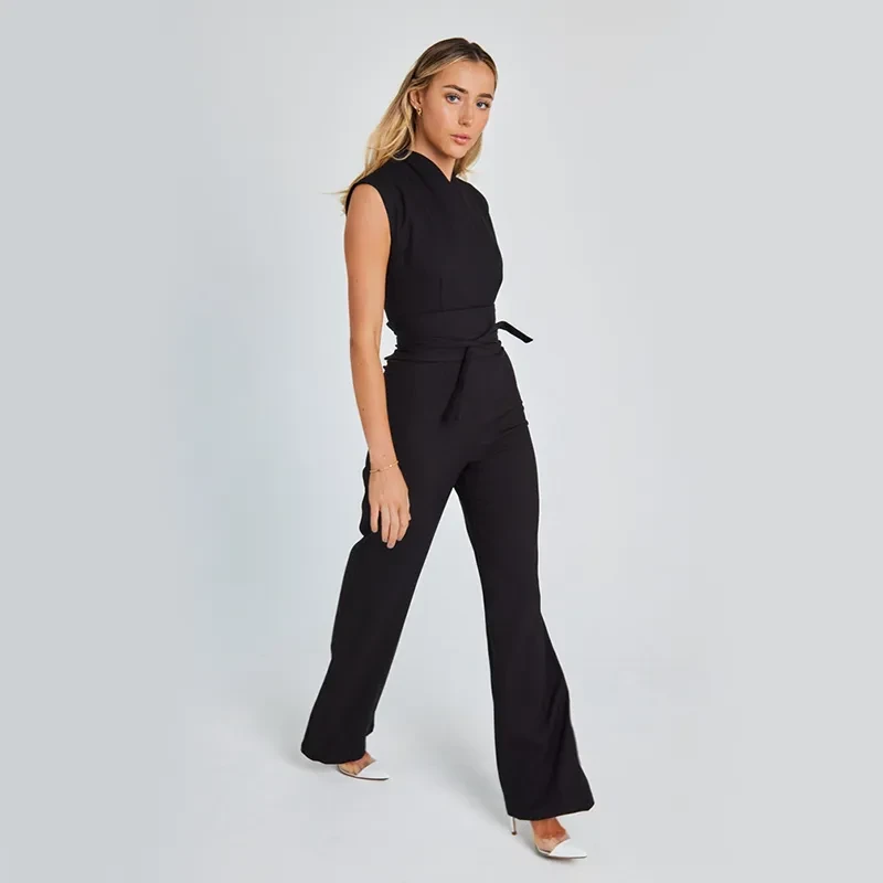 Mono elegante de pierna ancha sin mangas con cuello en V para mujer