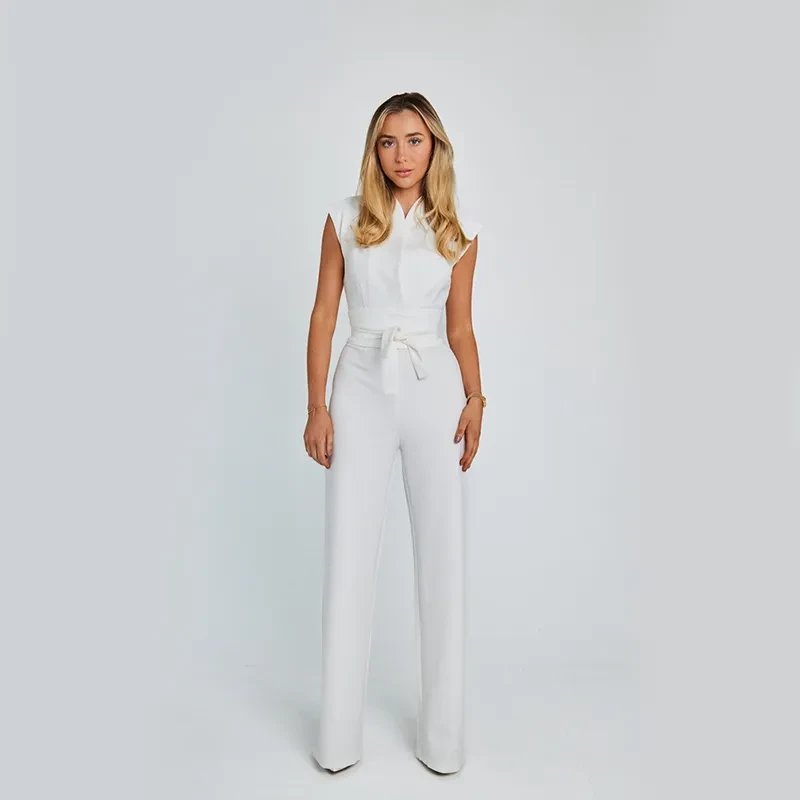 Mono elegante de pierna ancha sin mangas con cuello en V para mujer