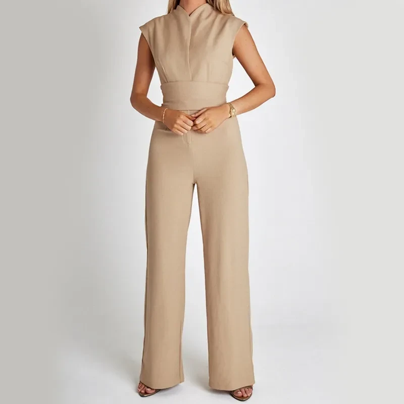 Mono elegante de pierna ancha sin mangas con cuello en V para mujer