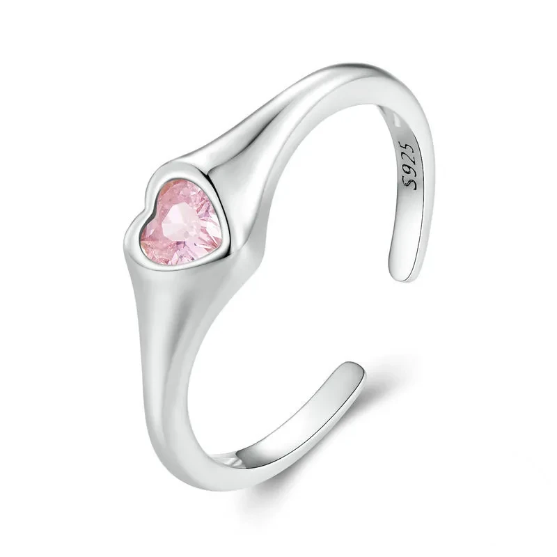 Anillo ajustable con piedra preciosa rosa en forma de corazón para mujer