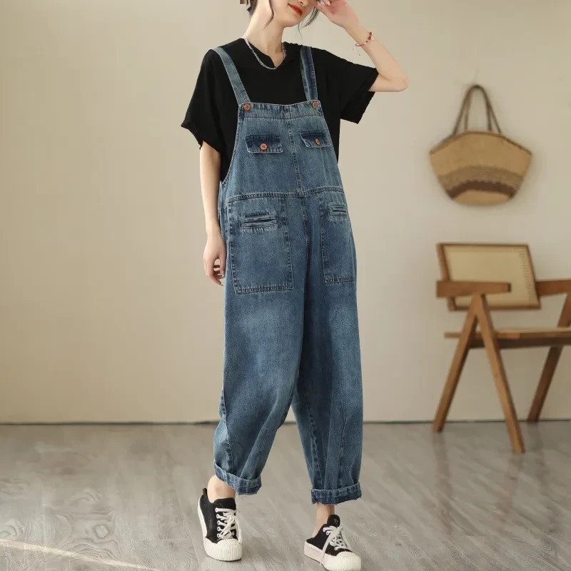 Pantalones vaqueros casuales con tirantes para mujer