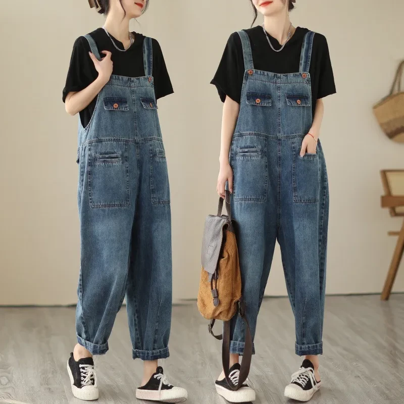 Pantalones vaqueros casuales con tirantes para mujer