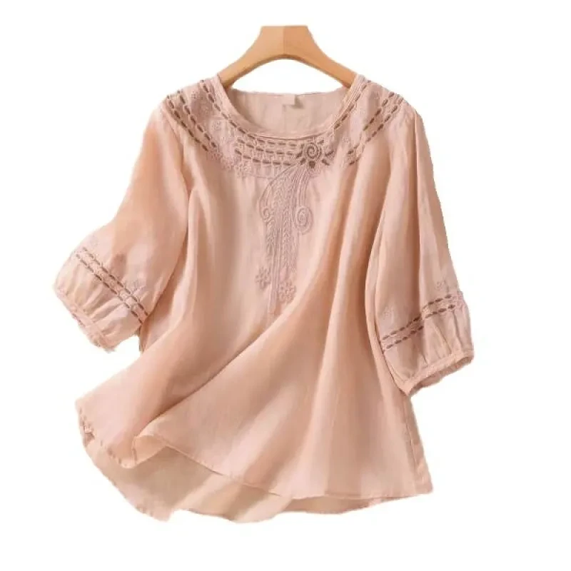Camisa vintage artística de lino y algodón con bordados