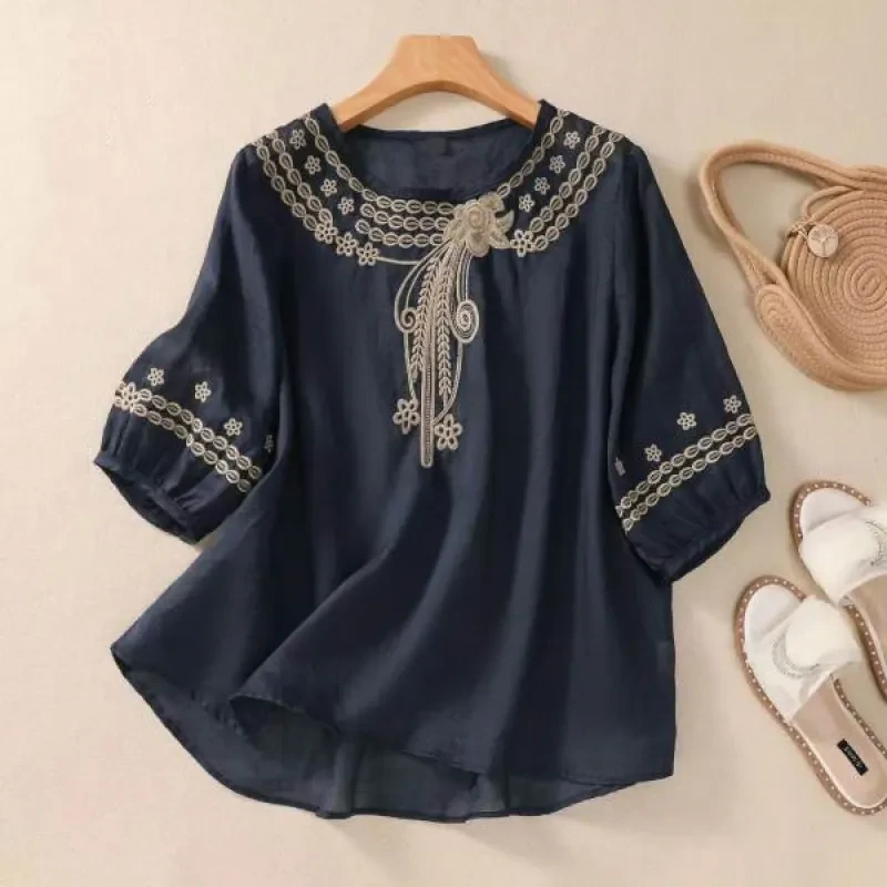 Camisa vintage artística de lino y algodón con bordados