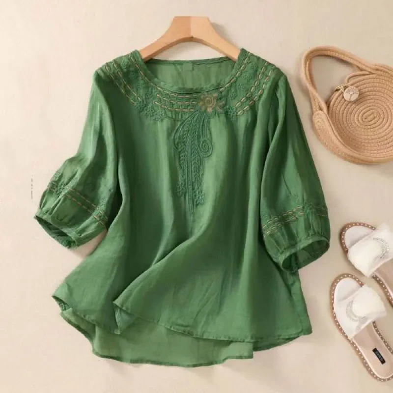Camisa vintage artística de lino y algodón con bordados