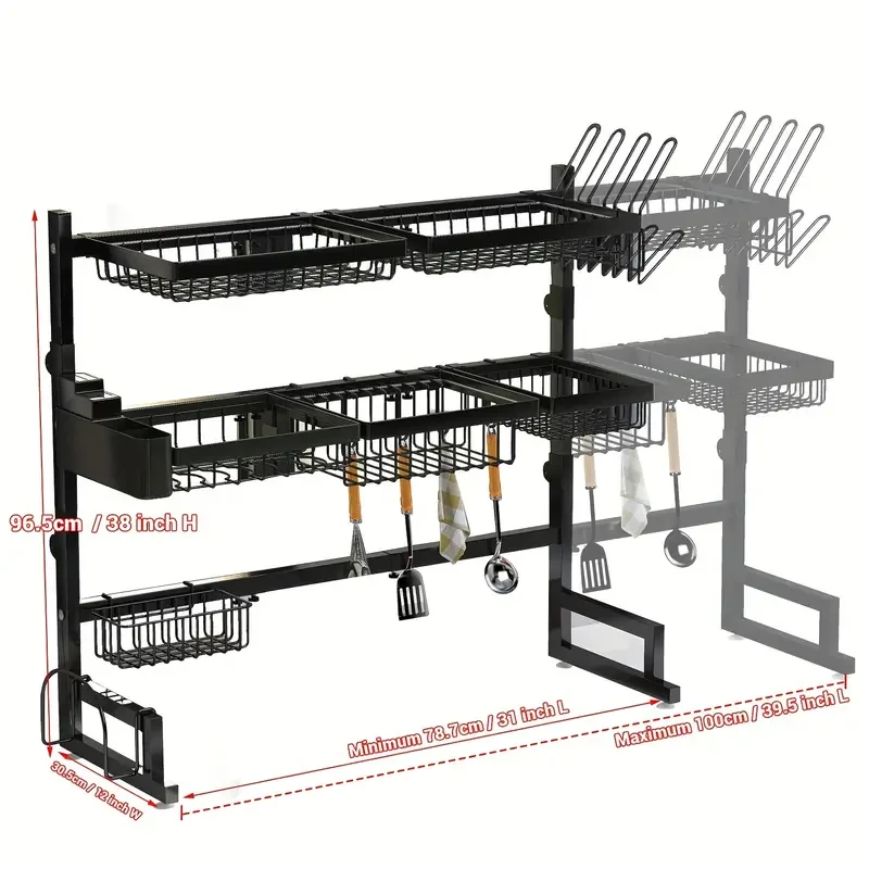 Estante de cocina de tres niveles: amplio estante para fregadero con espacio para platos, cuencos, cuchillos y ajuste retráctil.
