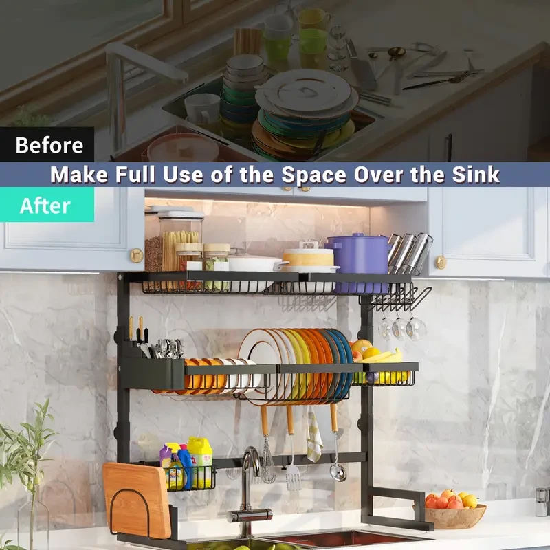 Estante de cocina de tres niveles: amplio estante para fregadero con espacio para platos, cuencos, cuchillos y ajuste retráctil.