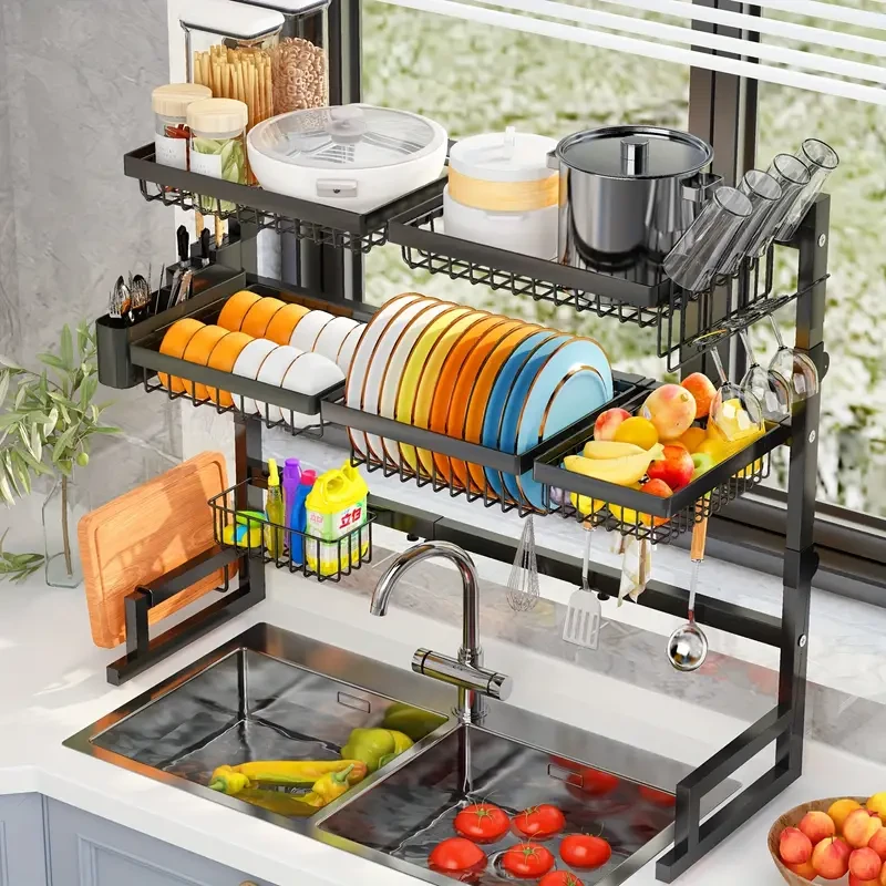 Estante de cocina de tres niveles: amplio estante para fregadero con espacio para platos, cuencos, cuchillos y ajuste retráctil.
