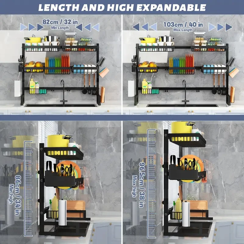 Estante de cocina de tres niveles: amplio estante para fregadero con espacio para platos, cuencos, cuchillos y ajuste retráctil.