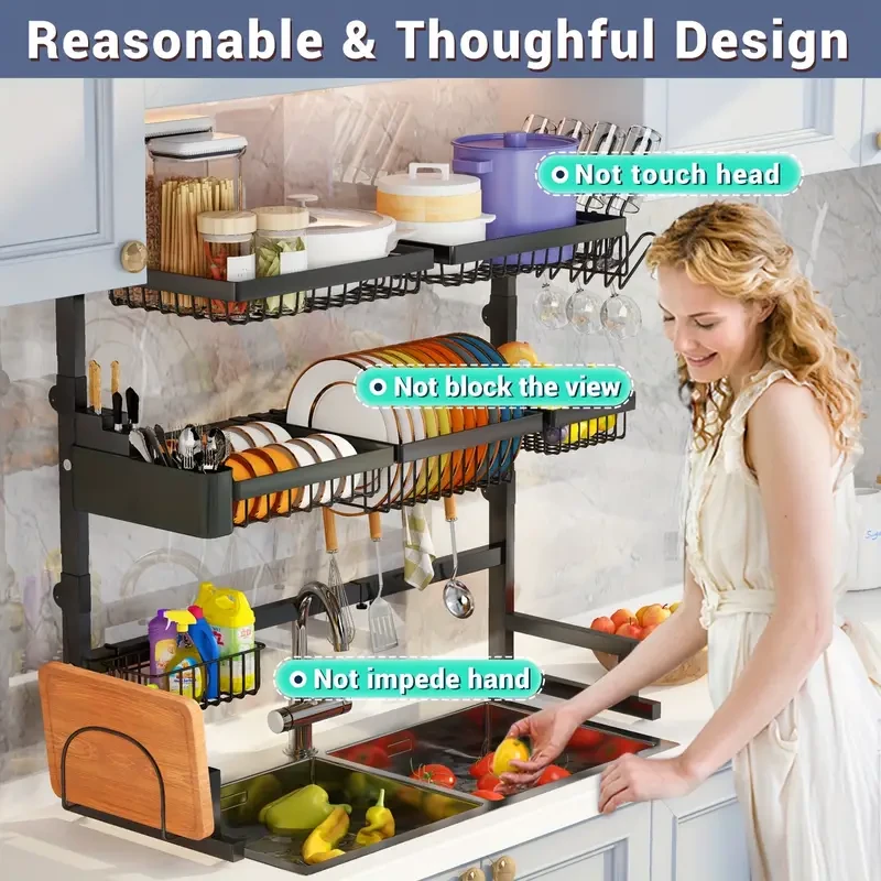 Estante de cocina de tres niveles: amplio estante para fregadero con espacio para platos, cuencos, cuchillos y ajuste retráctil.