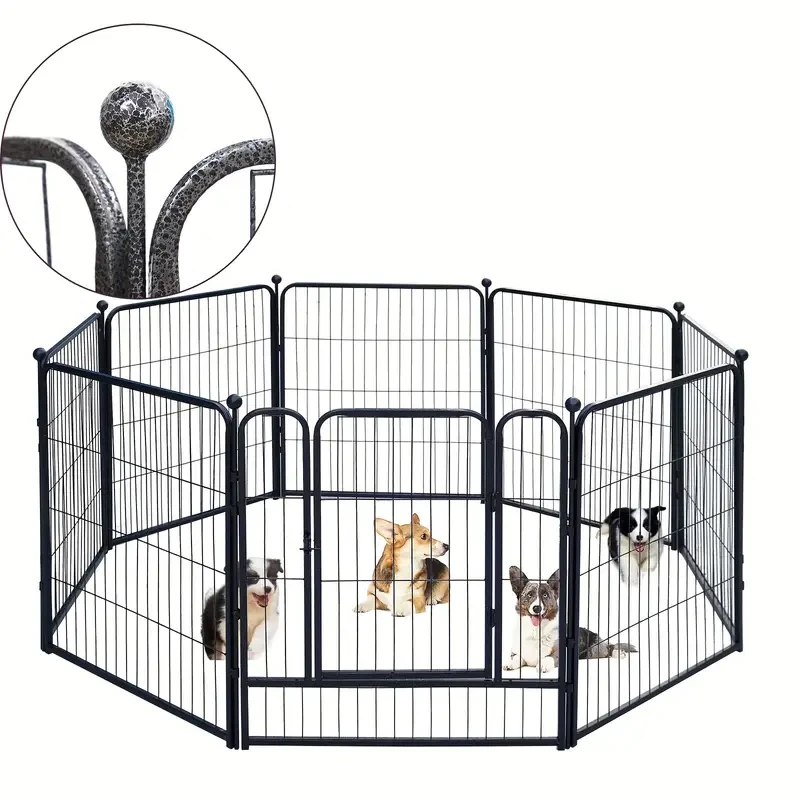 Corral para perros de metal plateado martillado (8 piezas): barrera de patio duradera, antideslizante y resistente a la intemperie con cierre automático.