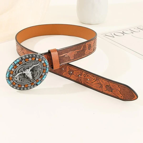 Cinturón vintage de piel de vaca con relieve estilo western para hombre