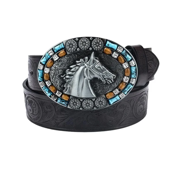 Cinturón punk retro de vaquero occidental con cabeza de caballo para hombre