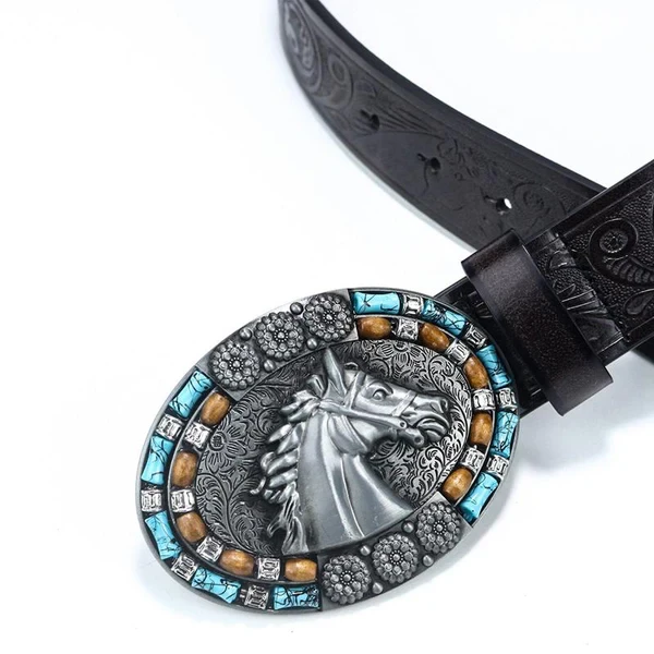 Cinturón punk retro de vaquero occidental con cabeza de caballo para hombre
