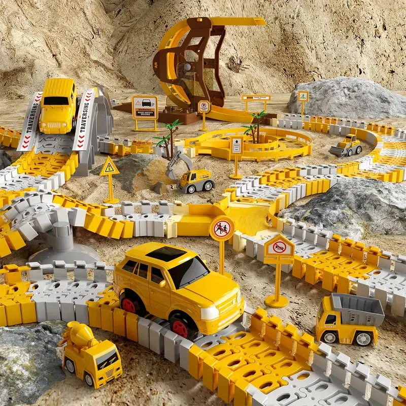 Juguetes de construcción para niños, 302 piezas, pistas de carreras con tapete de juego, juego de 5 piezas de camión, coche y pista flexible.