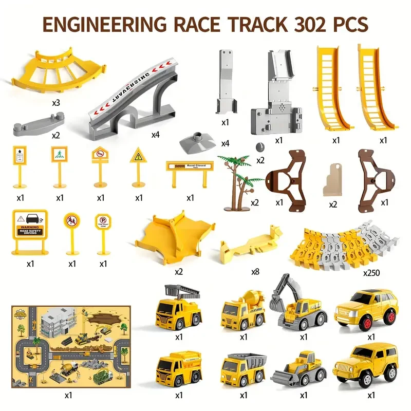 Juguetes de construcción para niños, 302 piezas, pistas de carreras con tapete de juego, juego de 5 piezas de camión, coche y pista flexible.