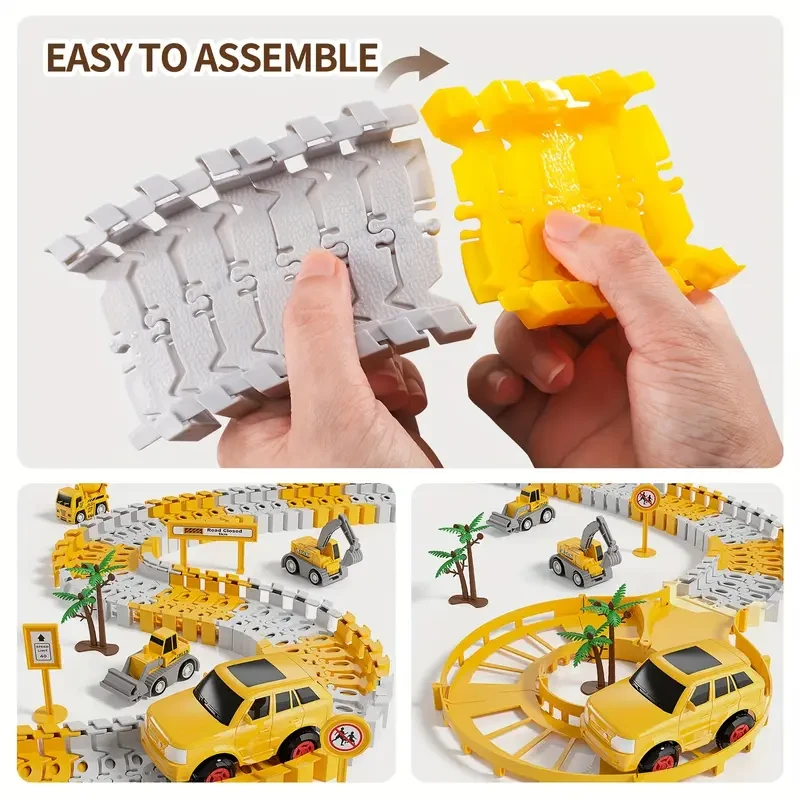 Juguetes de construcción para niños, 302 piezas, pistas de carreras con tapete de juego, juego de 5 piezas de camión, coche y pista flexible.