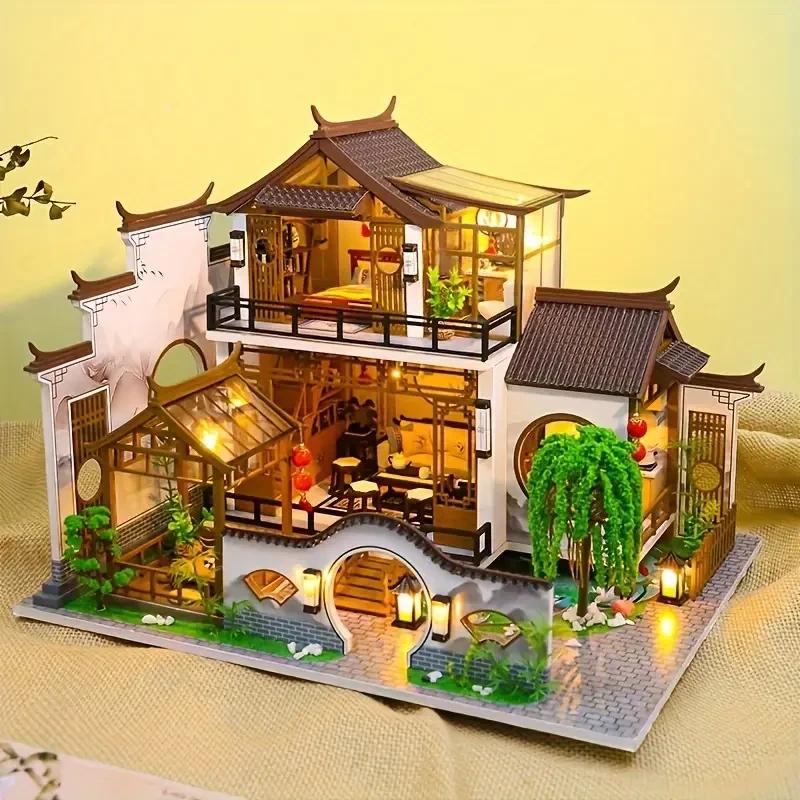 Modelos ensamblados de rompecabezas 3D: kit de casa de muñecas en miniatura de estilo chino