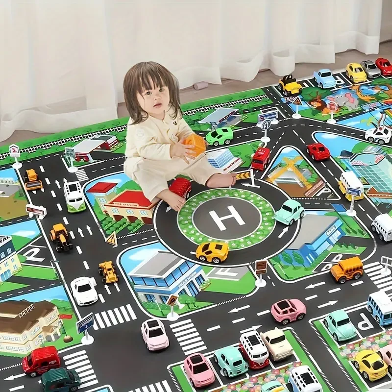 Tapete de juego con mapa de tráfico urbano - Mapa de carreteras interactivo grande, no tejido, impermeable y para niños