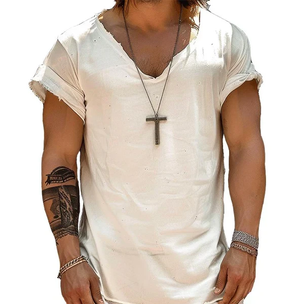 Camiseta informal de playa de cáñamo con mangas cortas y cuello redondo para hombre