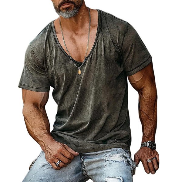 Camiseta informal de manga corta con cuello en V y bolsillo de parche de mezcla de algodón para hombre