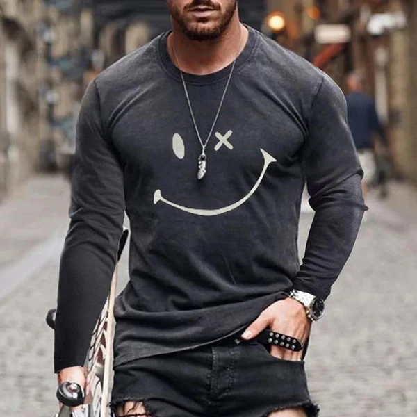 Camiseta informal de manga larga con cuello redondo y estampado de emoticonos para hombre