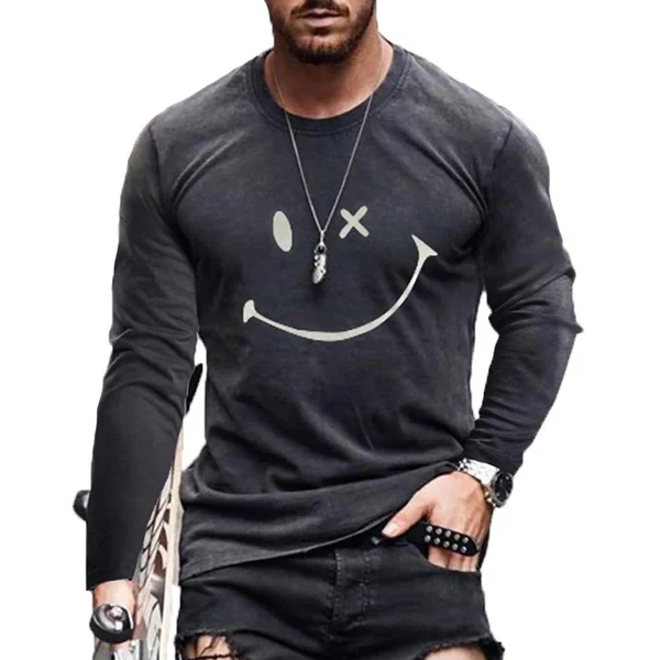 Camiseta informal de manga larga con cuello redondo y estampado de emoticonos para hombre