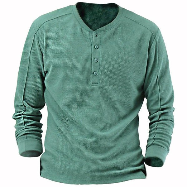 Camiseta de manga larga con cuello henley y diseño gofre liso para hombre