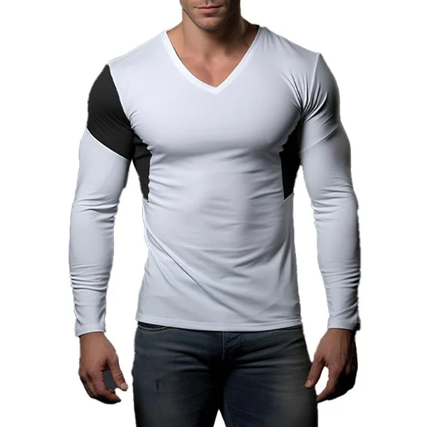 Camiseta informal de manga larga con cuello en V y bloques de color para hombre