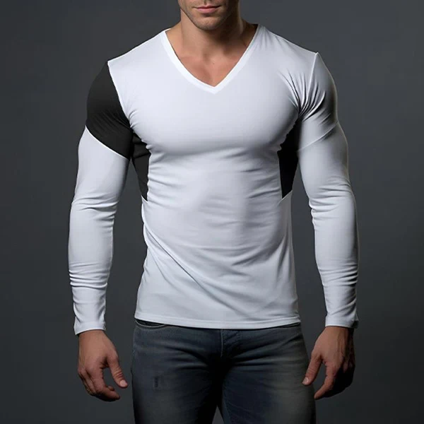 Camiseta informal de manga larga con cuello en V y bloques de color para hombre