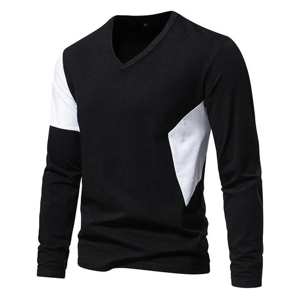 Camiseta informal de manga larga con cuello en V y bloques de color para hombre