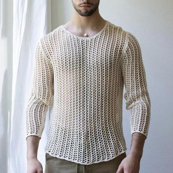Camiseta de punto calada con cuello redondo para hombre