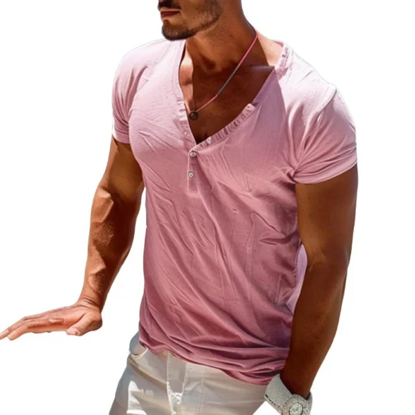Camiseta de manga corta con cuello en V y botones lisos para hombre