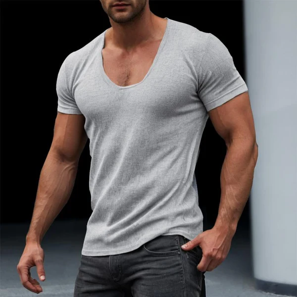 Camiseta ajustada de manga corta con cuello en U y color liso para hombre
